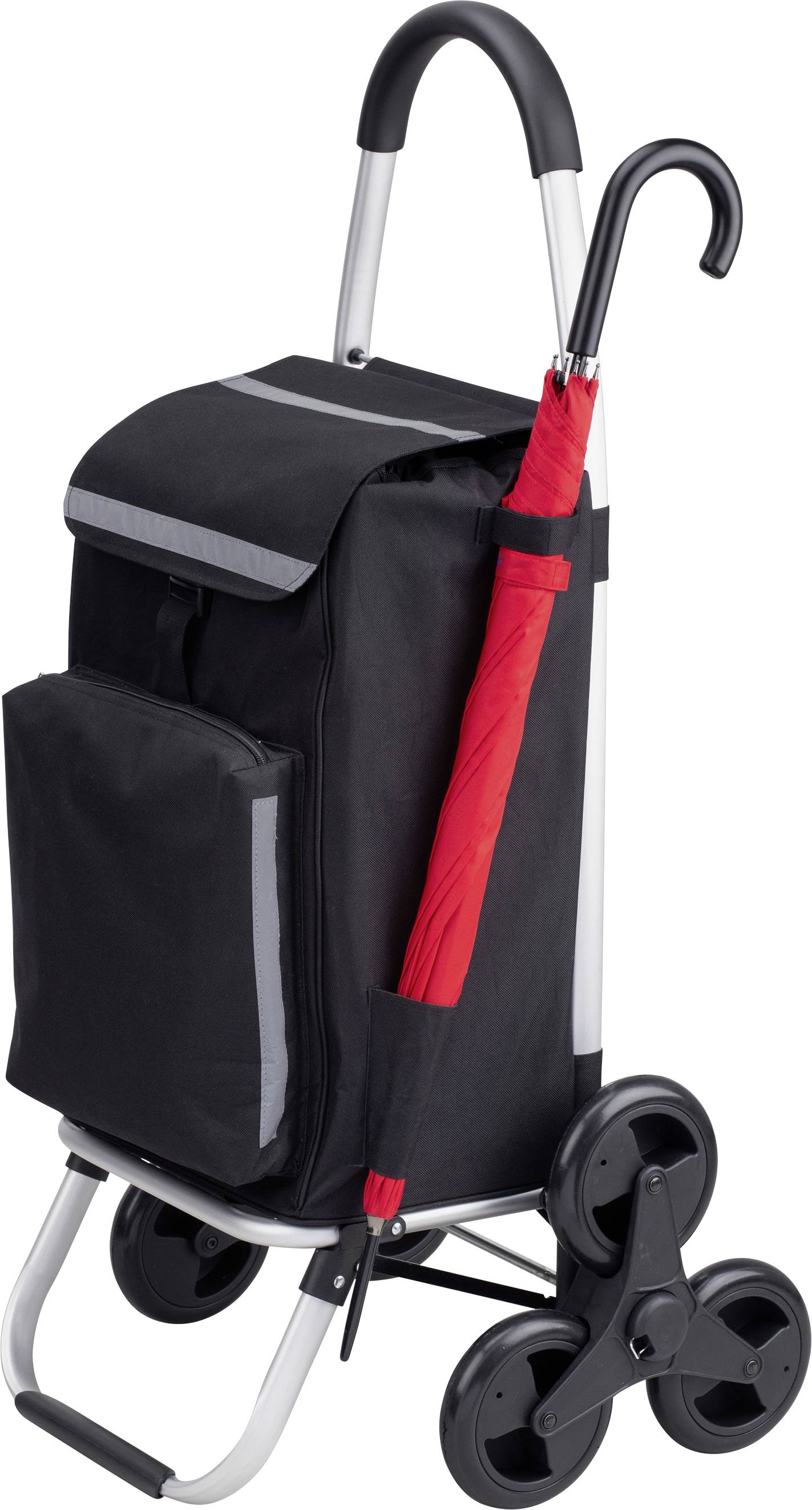 A black shopping trolley with three wheels and a red umbrella on the side. Ideal for easy transportation of shopping items.