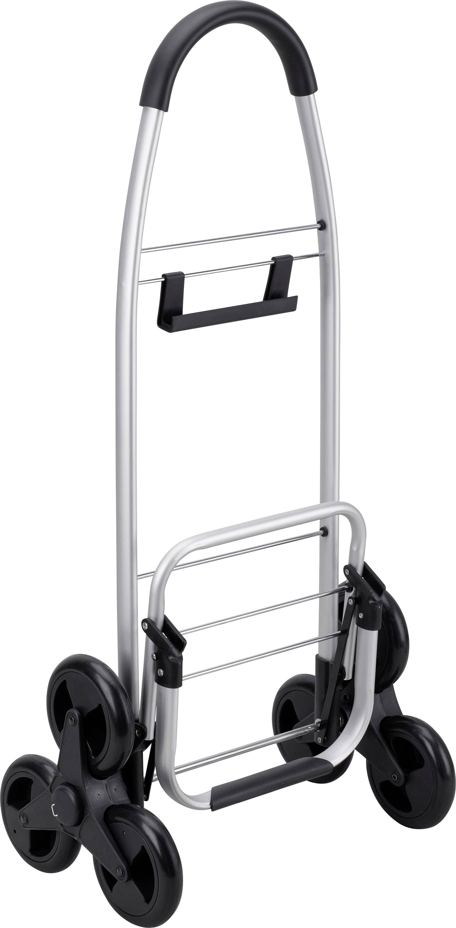 Shopping trolley with three black wheels on each side and a black handle. Foldable for easy storage.