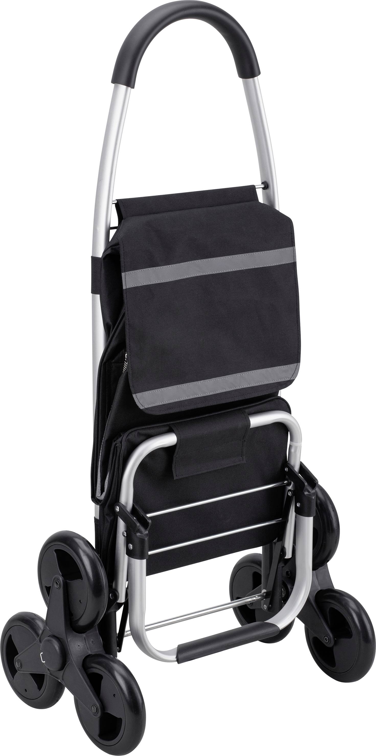 A black shopping trolley with four large wheels and a folding handle. Suitable for transporting shopping and other items.