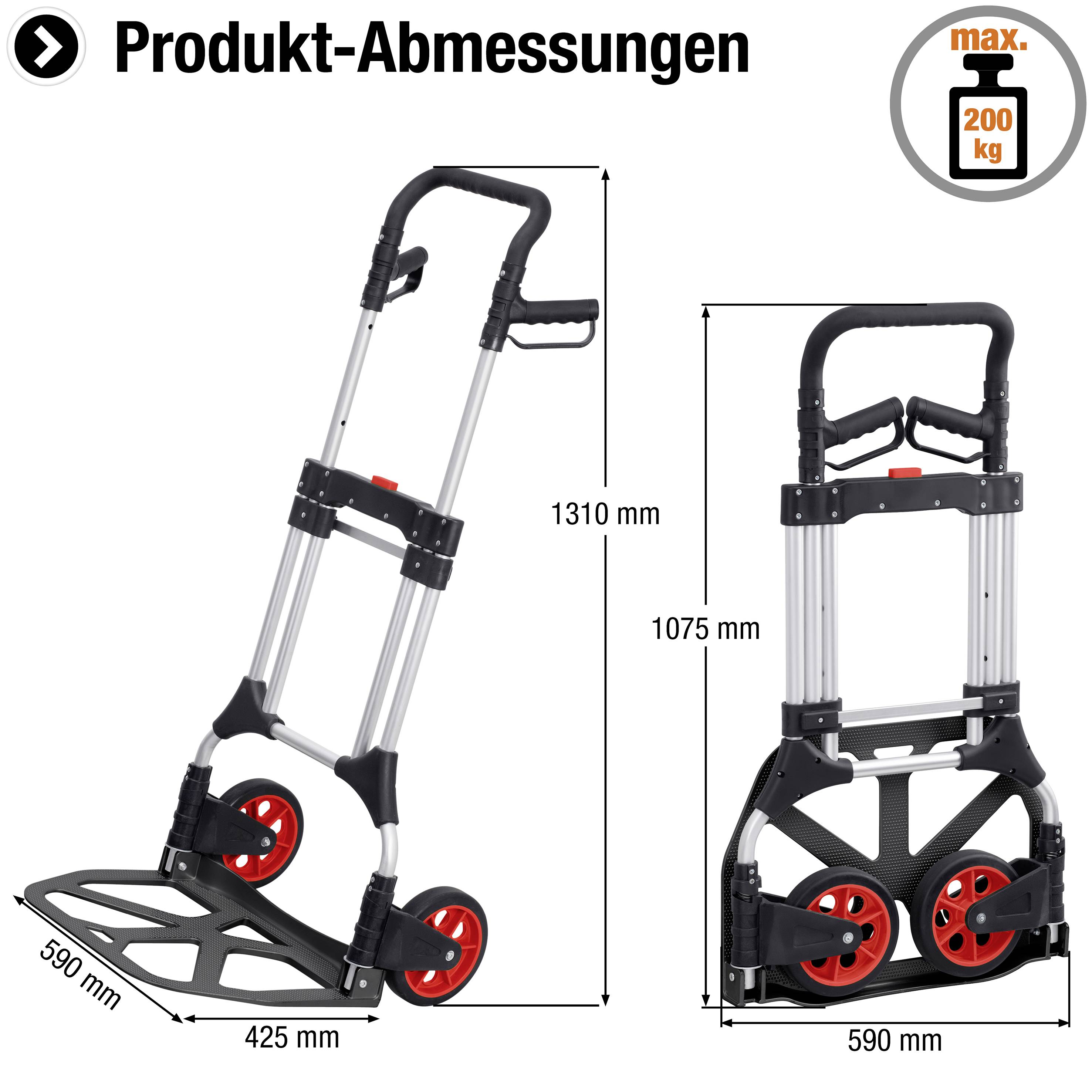 Folding wagon with red wheels. Left: unfolded (1310 mm high, 425 mm wide). Right: folded (1075 mm high, 590 mm wide). Maximum load 200 kg.