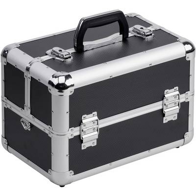 Black, rectangular aluminium case with silver corners, handle, and clasps, suitable for transporting tools or cosmetics.
