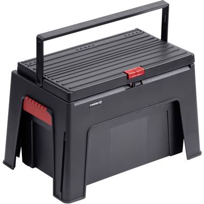 Black plastic toolbox with a folding handle and red locking mechanism, standing stably on four legs.