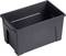 Black rectangular plastic storage crate. It has no visible lids or handles and is suitable for storage or transportation purposes.