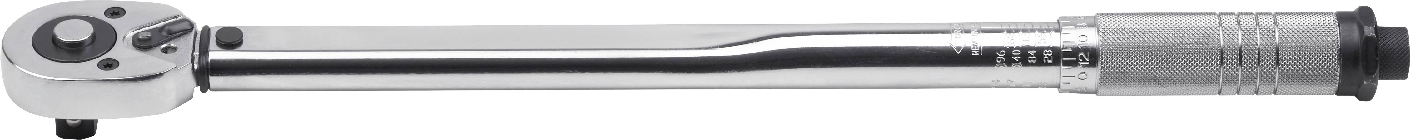 Metal torque wrench with scale and ratchet mechanism. Used for precise torque measurement in mechanical work.