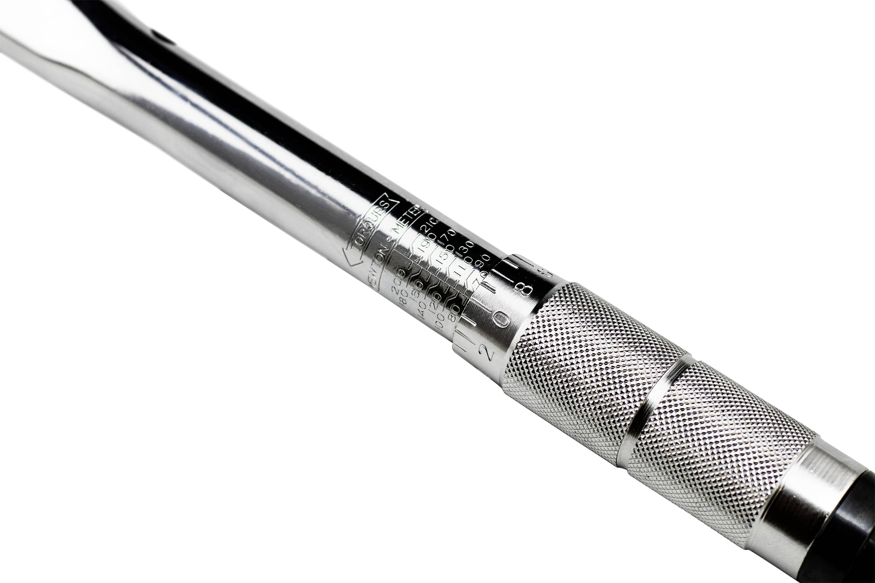 A chrome-plated torque wrench with a scale for precise adjustments.