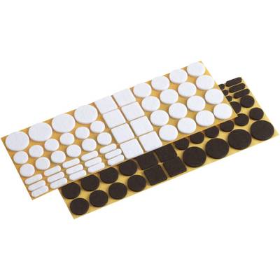 Images of round and square self-adhesive felt gliders in white and black on a cardboard sheet.