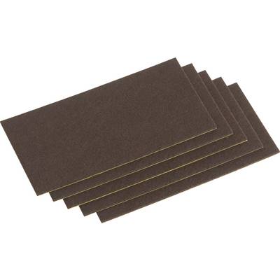 Five rectangular brown sandpaper sheets, slightly overlapping, on a white background.