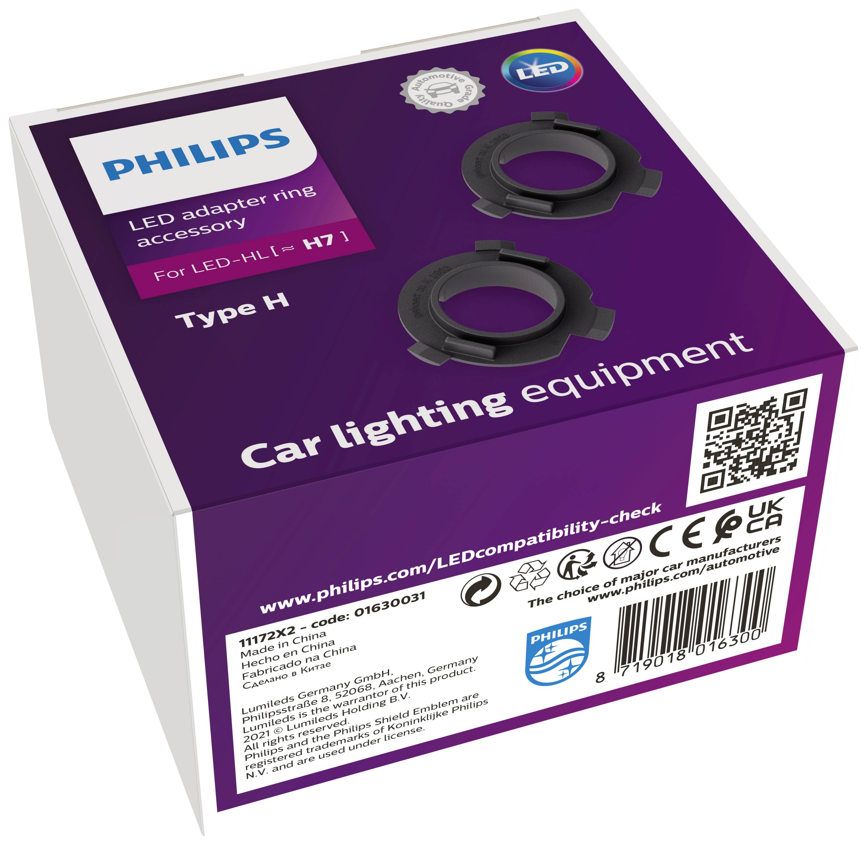 Packaging for a Philips LED adaptor ring for automotive lighting, Type H, compatible with LED-HL H7. Includes QR code and manufacturing details.