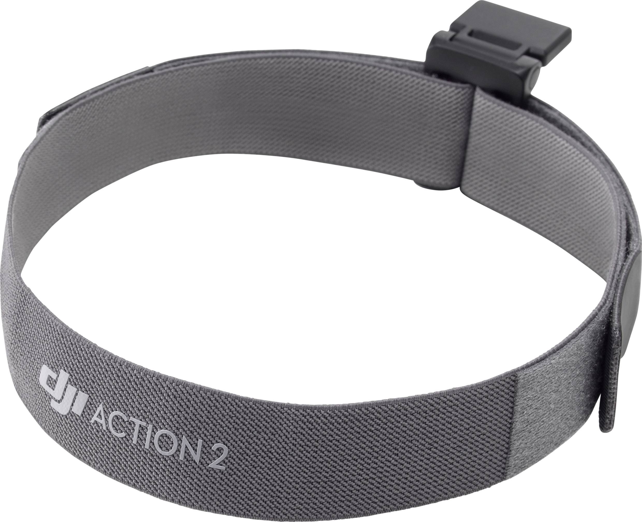 Grey-black elastic headband with buckle, marked with 'dji Action 2' in white lettering.
