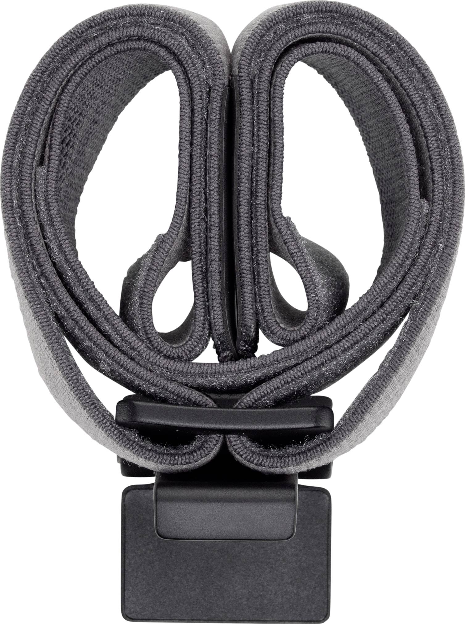A rolled-up, grey textile ribbon with a black fastener demonstrates a neatly packaged, compact design.