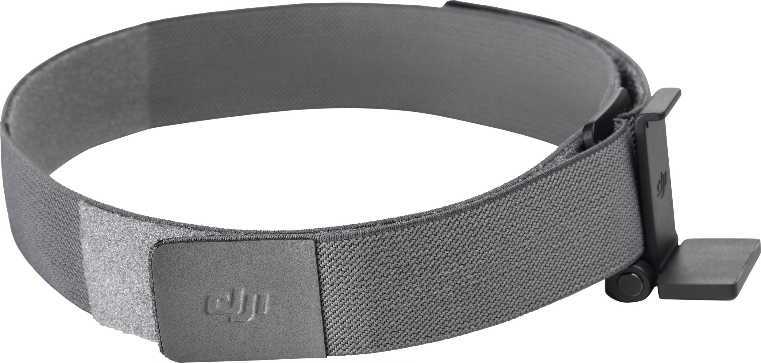 A grey-black headband with 'dji' written on it. It is plainly designed and suitable for fastening or stabilisation.