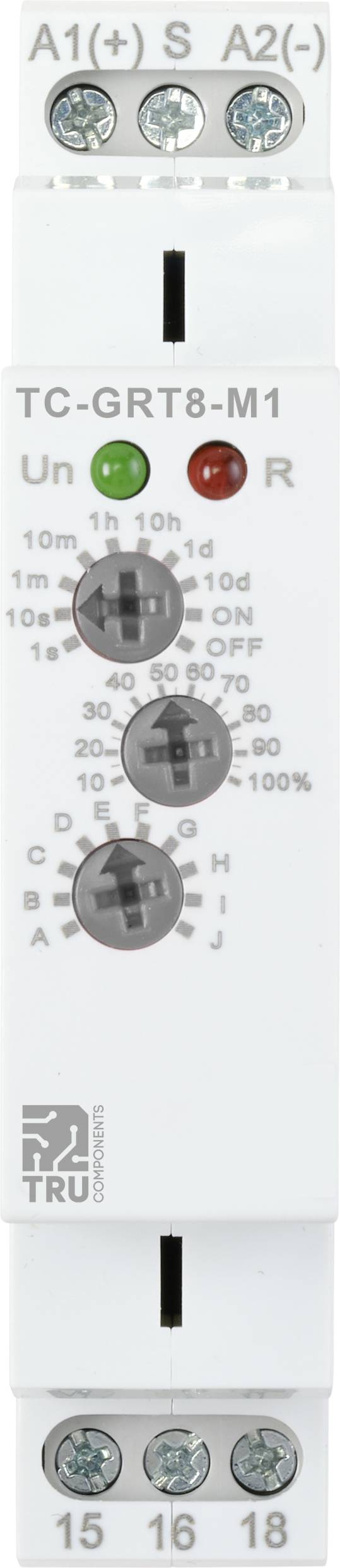 Time relay with indicator lights and multiple setting options for time interval and function.