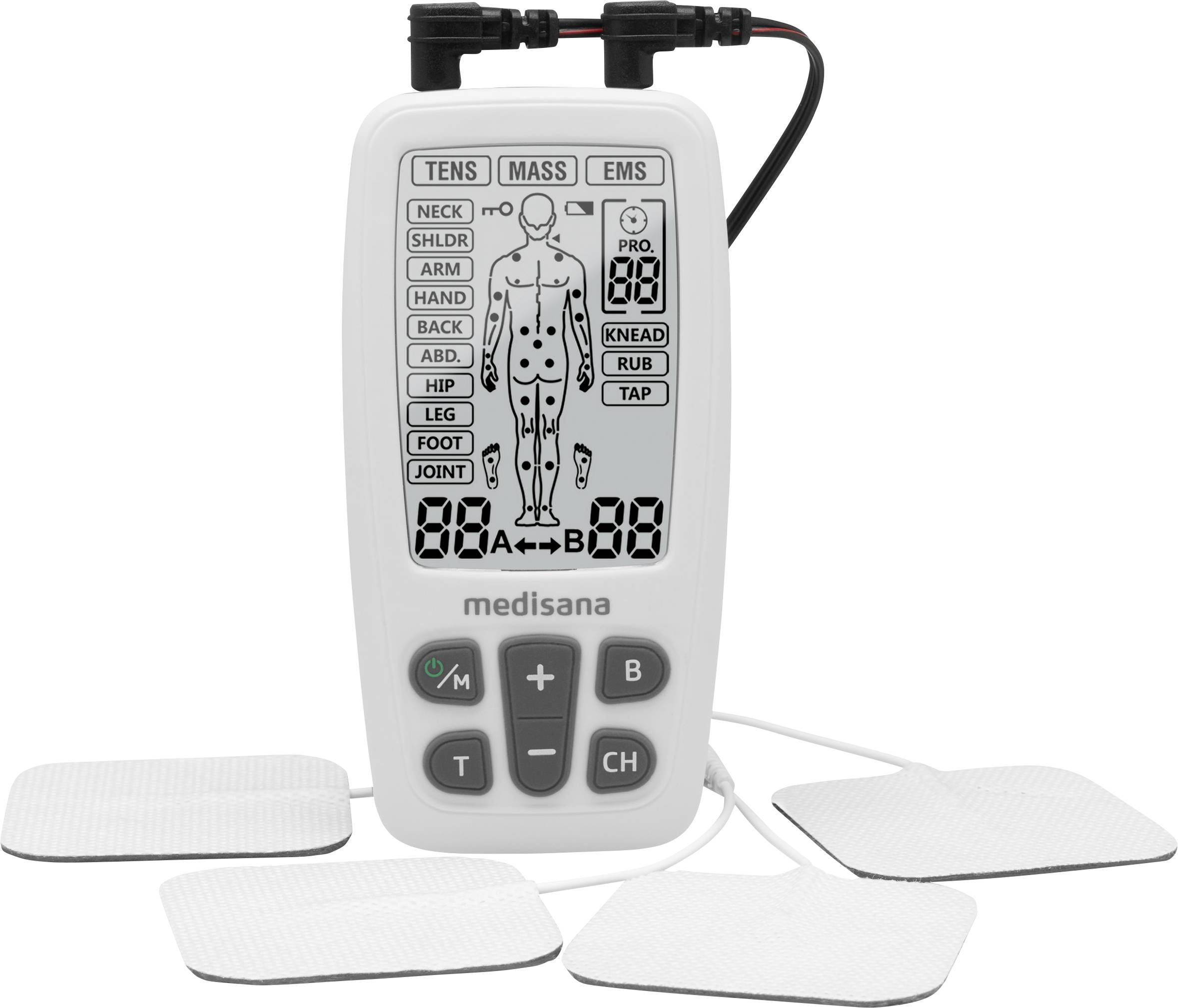 An electronic TENS and EMS device by Medisana with four electrodes and a display showing body areas for pain treatment.