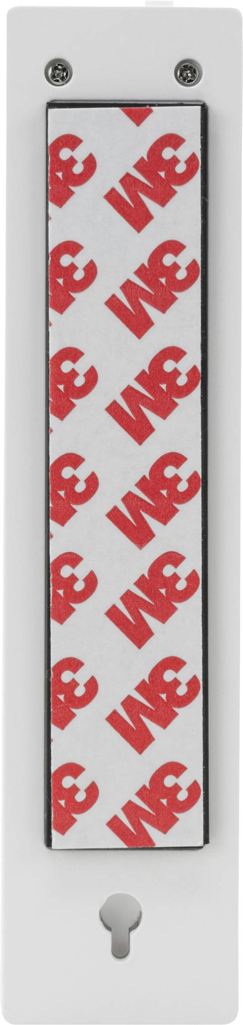 Rectangular adhesive strip with red 'IWE' logo on a white background, mounted on a wooden surface with two visible screws.