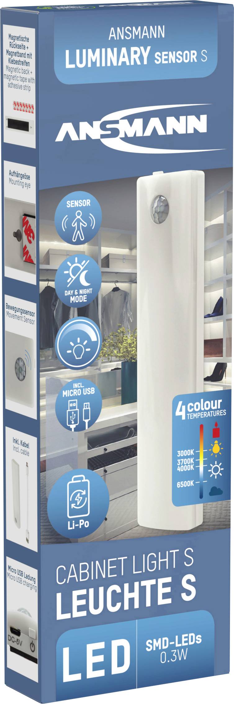 'ANSMANN Luminary Sensor S' LED light for cupboards with motion sensor. Includes 4 colour modes, USB rechargeable.