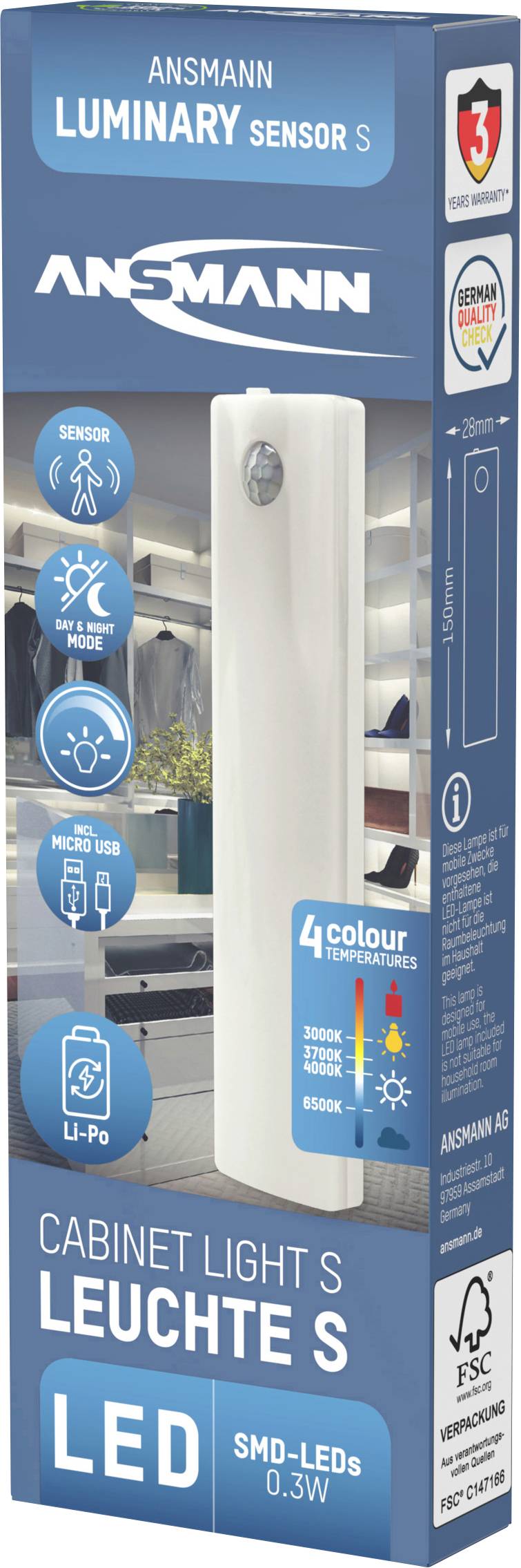 'Ansmann Luminary Sensor S' Cabinet Light Packaging with Details of Features: Sensor, 4 Light Colours, LED, Rechargeable.