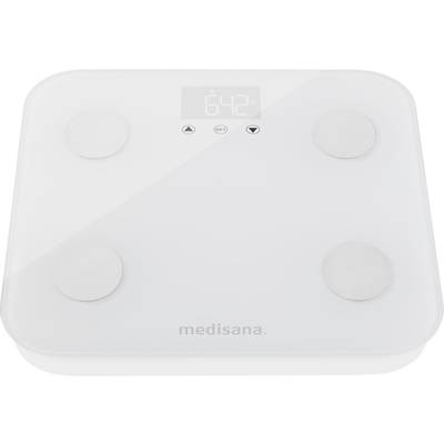 Digital bathroom scales by Medisana with four sensor buttons on the surface and a digital display showing '64.2'.