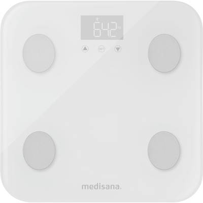 Digital bathroom scales with four silver sensors on a white surface, display showing '64.2 kg'.