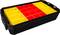 A black storage box with yellow and red compartments arranged in a rectangular grid pattern.