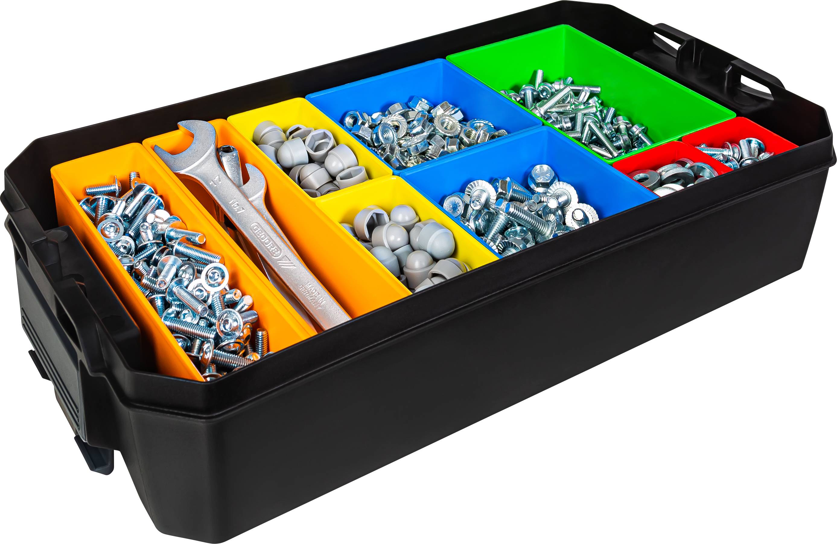 A sorting box with various screws, nuts, and two spanners in coloured compartments: yellow, orange, blue, green, red.
