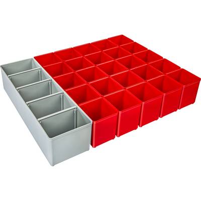 Grey and red plastic containers arranged in a rectangular grid.