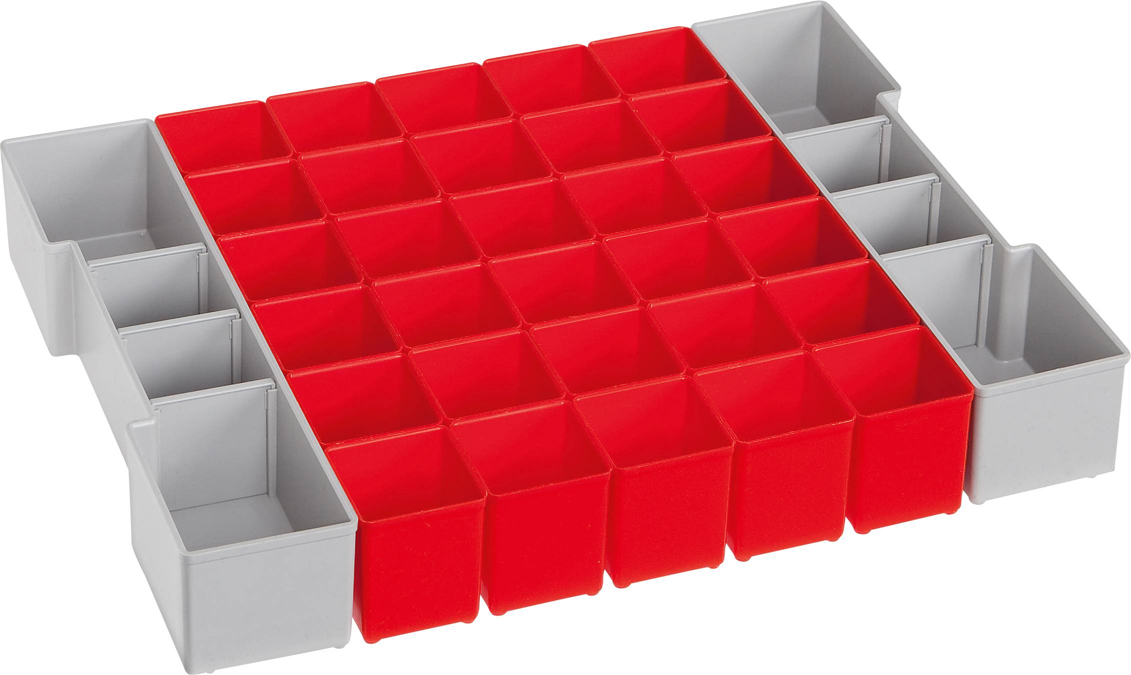 Red and grey plastic storage box with 25 red compartments and six larger grey compartments on the sides, for storing small parts.