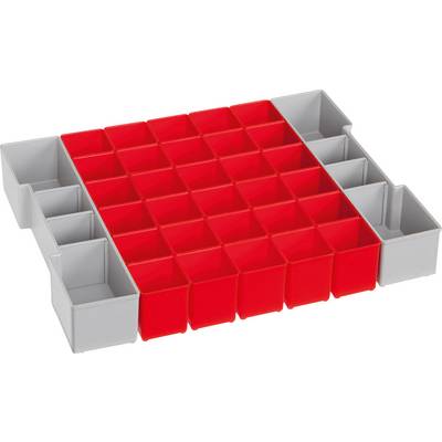 Red and grey plastic storage box with 25 red compartments and six larger grey compartments on the sides, for storing small parts.
