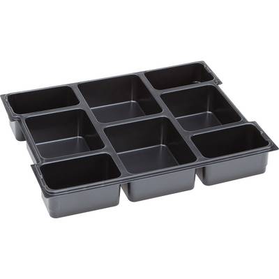 A plain, black plastic compartment tray with nine equally sized sections for storing or organising items.