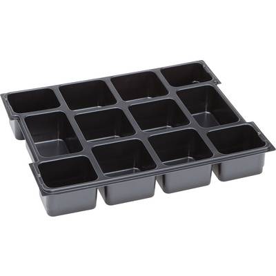 A black plant tray with 12 square compartments for sowing seeds or nurturing small plants.