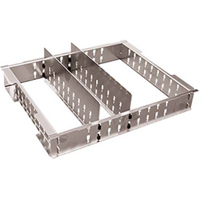 Metal carrier rack with two vertical partition walls. Used for supporting and organising cables or conduits.
