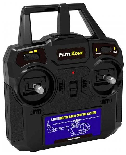 A black remote control with two joysticks and buttons for a 2.4 GHz digital radio system, displaying a helicopter design on a blue screen.