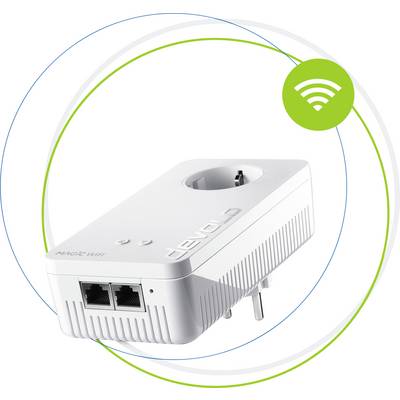 A dLAN adapter with two Ethernet ports and integrated power socket. The device enables internet connection via power lines.