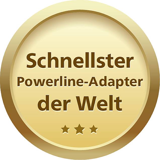 A golden medal with the inscription 'World's Fastest Powerline Adapter' and three stars below.
