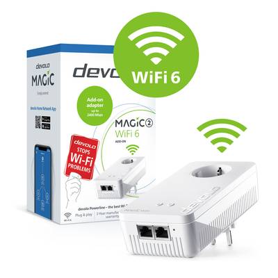 'Expanding the devolo Magic Network': Illustration of a house with Wi-Fi adapters that can be connected at the touch of a button.