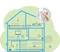 Diagram of a house with network connections between devices. One inset shows a hand plugging a network adapter into a socket.