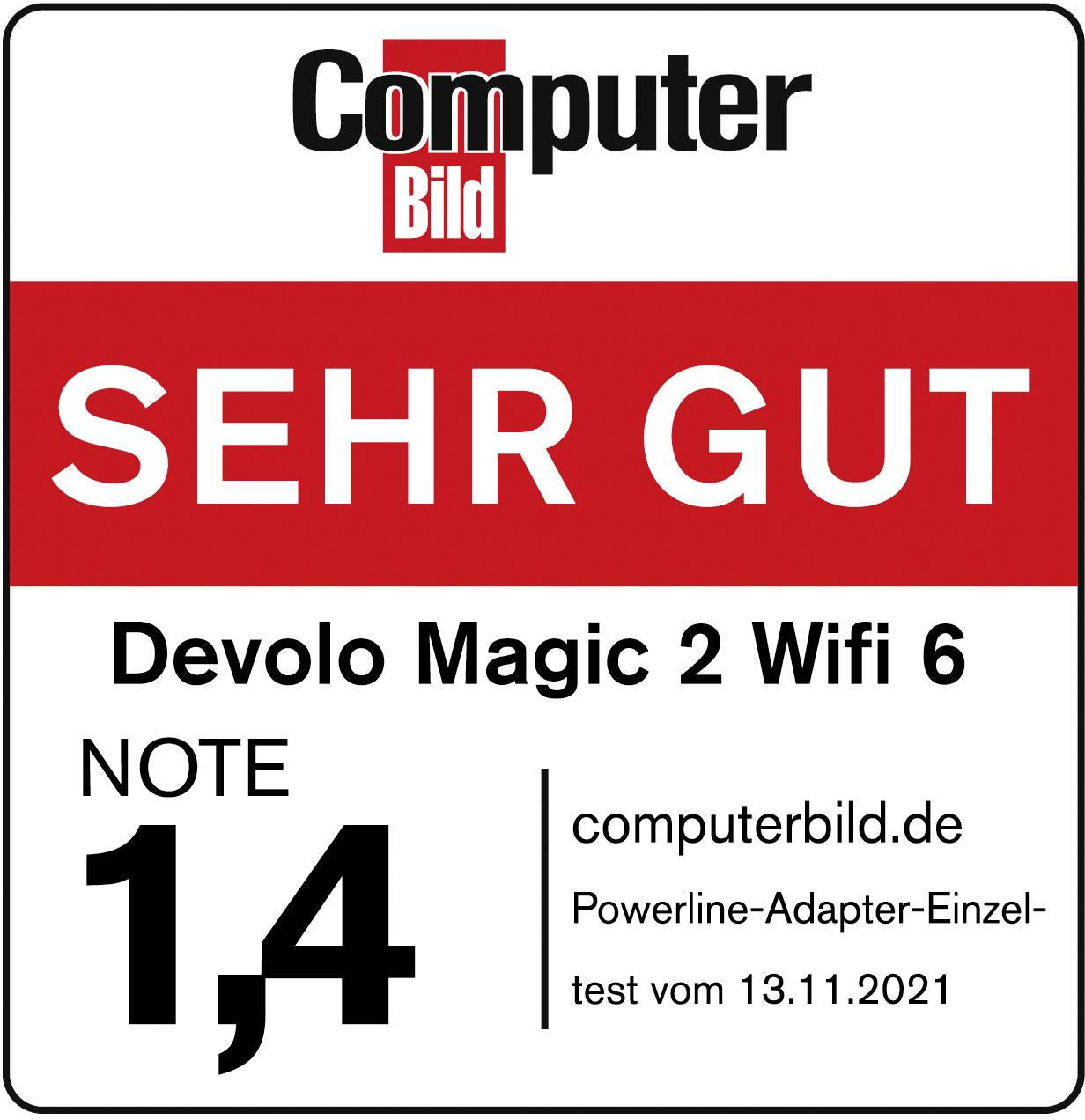Award from Computer Bild: 'VERY GOOD' for Devolo Magic 2 Wifi 6, Score 1.4, Powerline Adapter Individual Test from 13.11.2021.