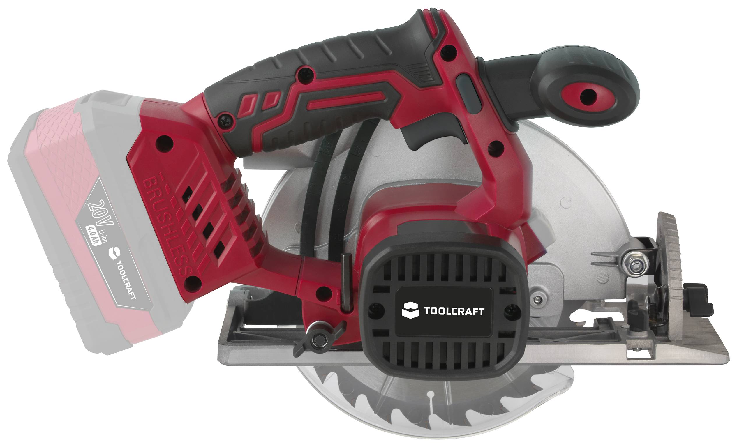 A red and black handheld circular saw with a distinctive handle and visible saw blade, suitable for precise cutting work.