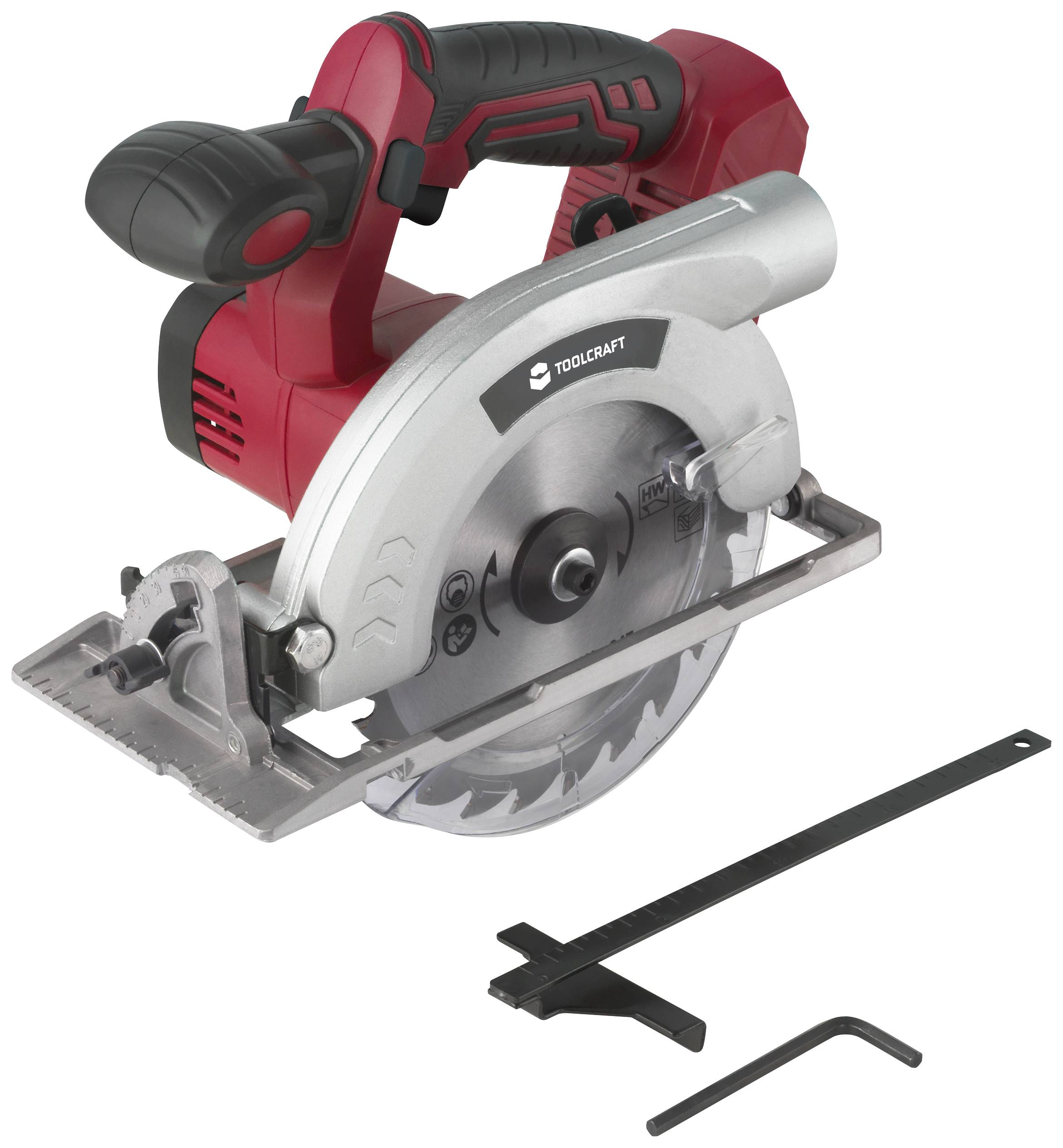 Battery-powered circular hand saw with red and black handle, silver saw blade, and adjustment tool. Ideal for woodworking.