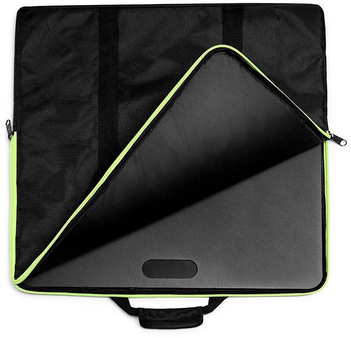 A black laptop bag with green stitching, opened to reveal the laptop compartment.