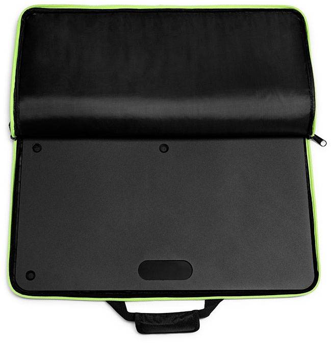 A black laptop bag with green stitching, open to reveal a smooth, empty interior.