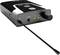 A black in-ear monitor transmitter with antenna, headphone socket, two LEDs and a volume control on the front.