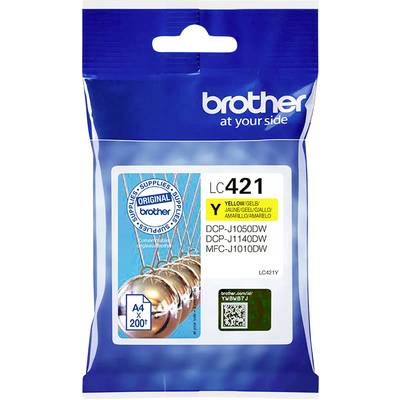A packaging for Brother printer cartridge item number LC421 in Yellow. Suitable for models DCP-J1050DW, DCP-J1140DW, MFC-J1010DW.