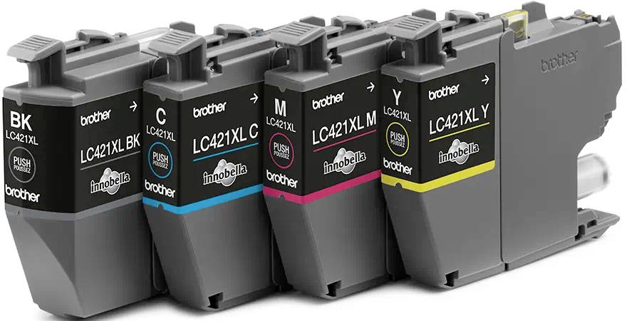 Four printer cartridges in Black, Cyan, Magenta and Yellow, arranged from left to right. Each cartridge displays the brand and model number.