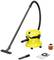 Yellow wet and dry vacuum cleaner with long hose and accessories: floor brush, crevice tool, filter, and dust bags.