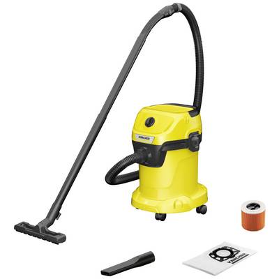 Yellow wet and dry vacuum cleaner with long suction tube, floor nozzle, filter and dust bag. Suitable for versatile cleaning tasks.