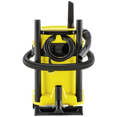 Yellow vacuum cleaner with multiple black nozzles and hoses, shown from the front. Main device is cylindrical and robustly constructed.