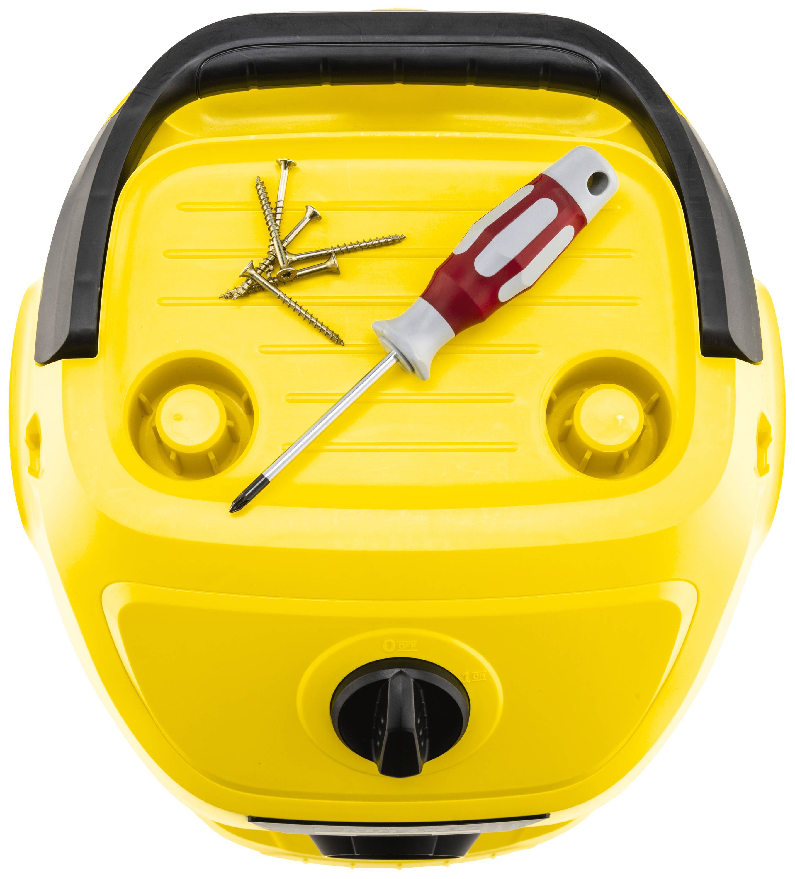 A yellow tool belt with a screwdriver and loose screws on it.