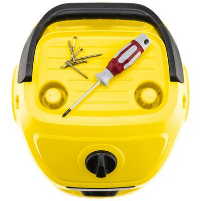 A yellow tool belt with a screwdriver and loose screws on it.