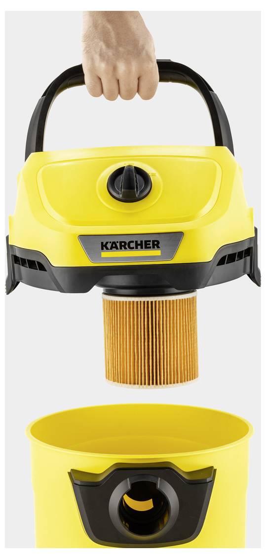 A yellow vacuum cleaner held by a hand, showing a cylindrical filter above an open yellow dustbin. The brand name is visible on the vacuum.