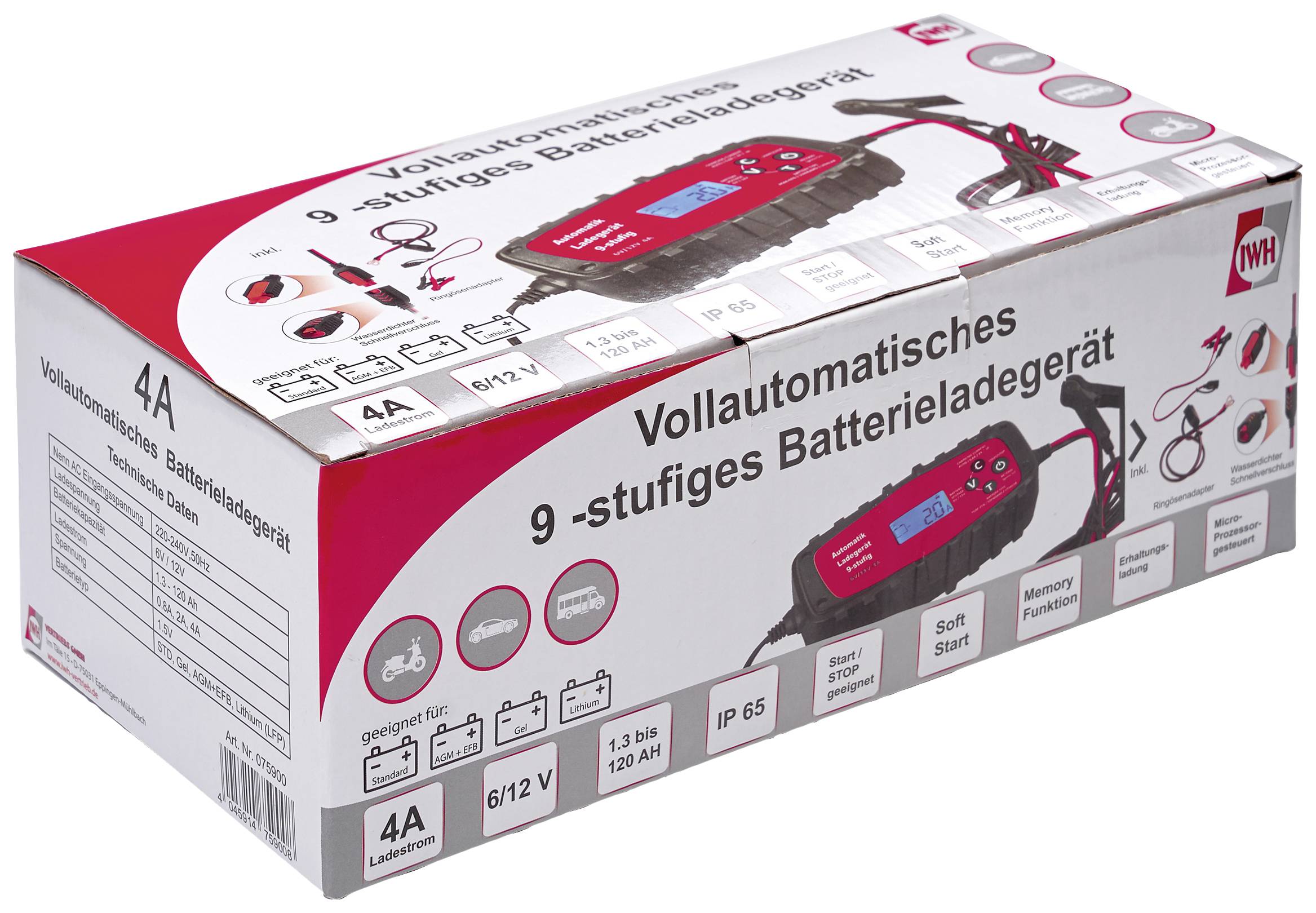 Fully automatic 9-stage battery charger in packaging with technical details and illustrations of the charger.